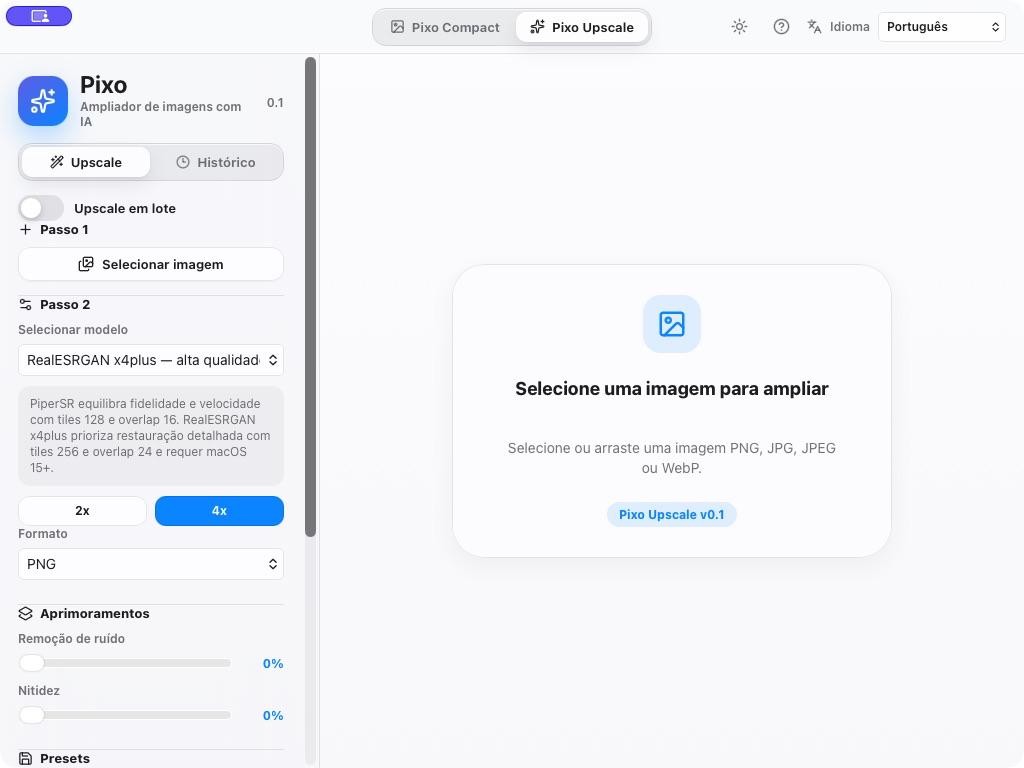 Pixo Upscale com seleção de modelo, fator de ampliação e controles de aprimoramento