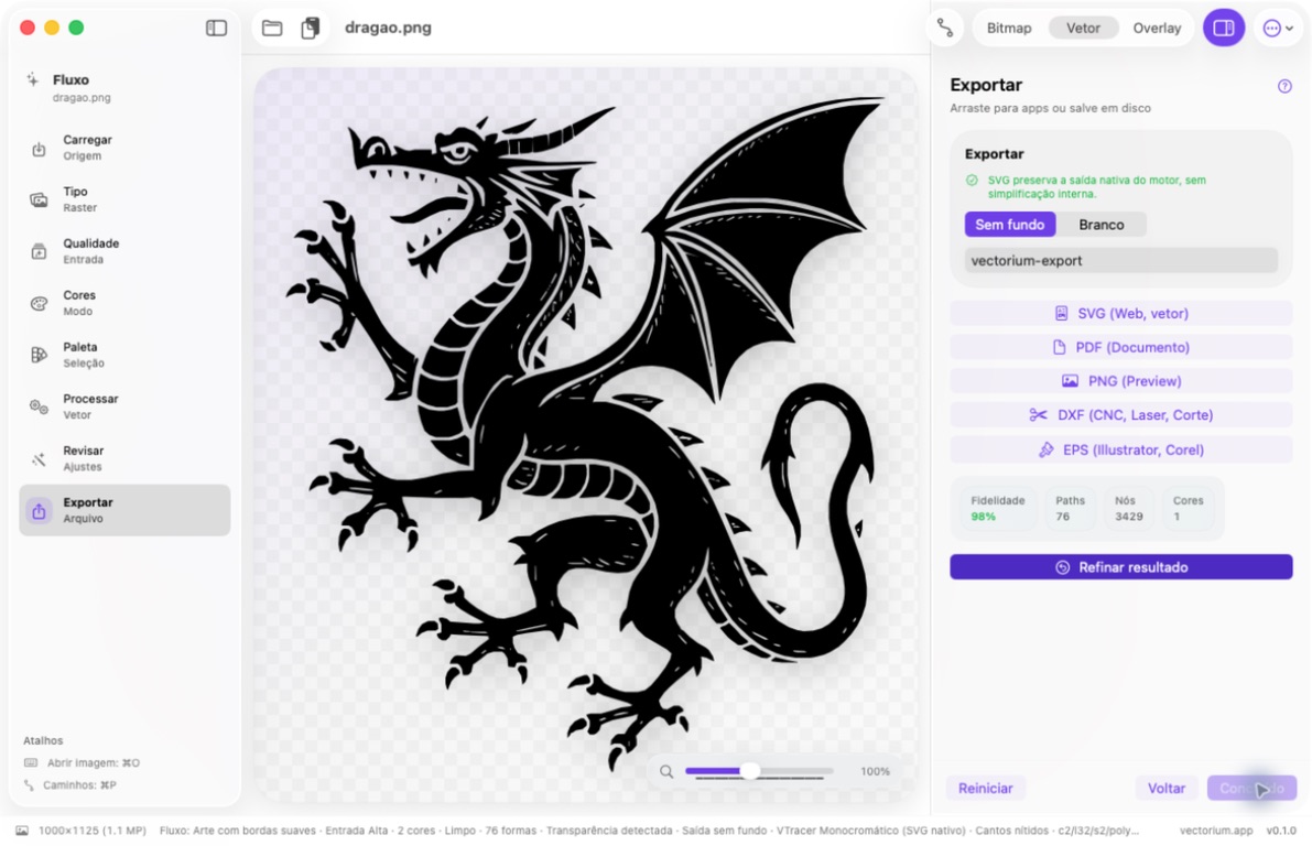 Vectorium na etapa Exportar com opções SVG, PDF, PNG, DXF e EPS