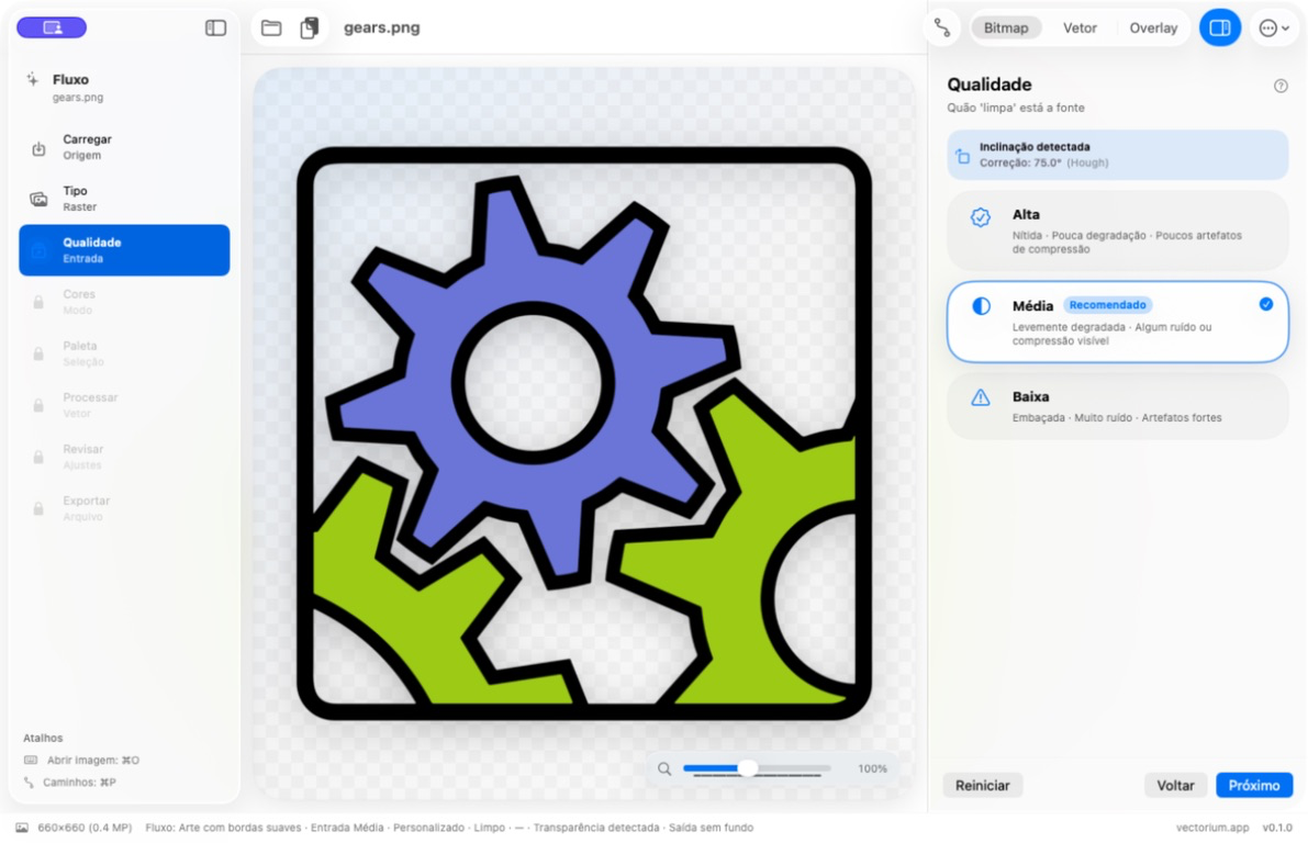 Vectorium com os níveis de qualidade Alta, Média e Baixa disponíveis para revisão