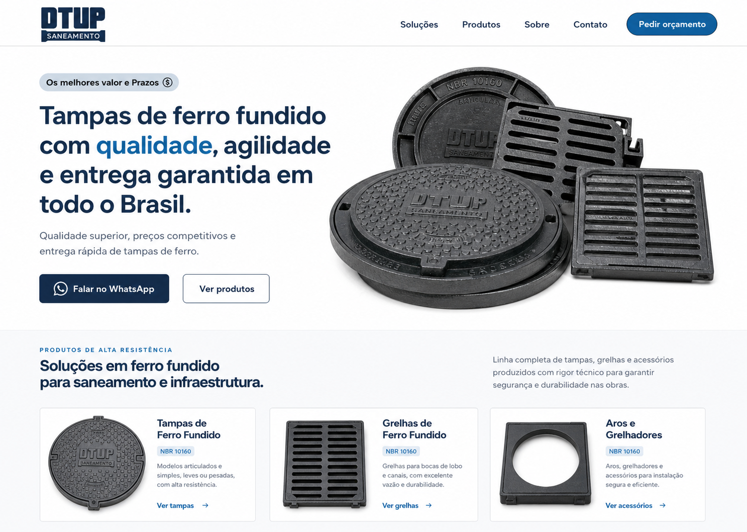 Catálogo da DTUP Saneamento com categorias de produtos e chamadas para consultar soluções