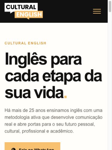 Página da Cultural English com cursos de inglês e apresentação da escola