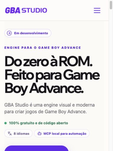 Página do GBA Studio com recursos para criar jogos de Game Boy Advance